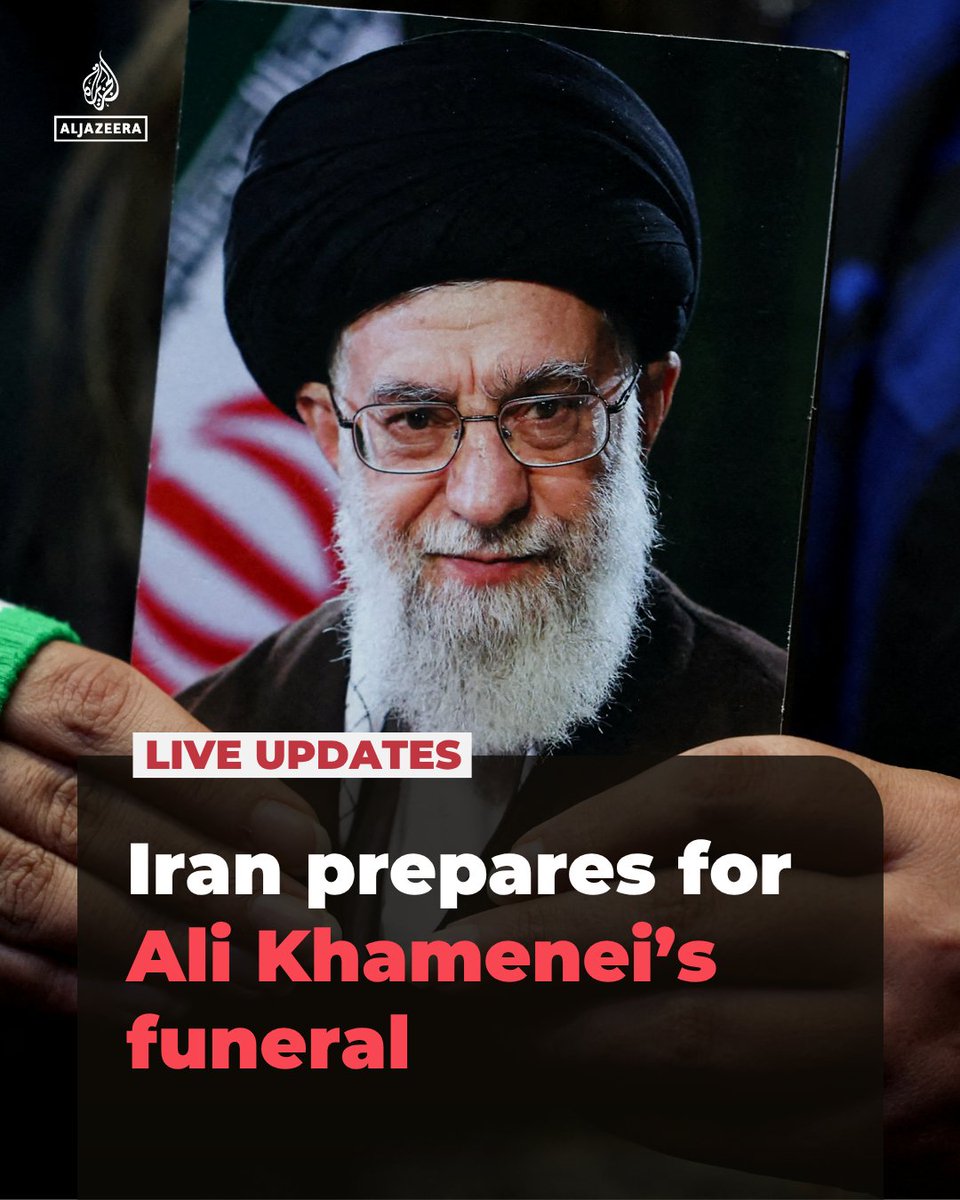 AJEnglish's tweet photo. Iran says up to 20 million mourners could attend the funeral of Supreme Leader Ali Khamenei, who was killed in a US-Israeli strike on February 28. 

The six-day ceremonies will span five cities in Iran and neighbouring Iraq.

🔴 LIVE updates: https://t.co/bArLEsMLOy https://t.co/Aoawp890WU