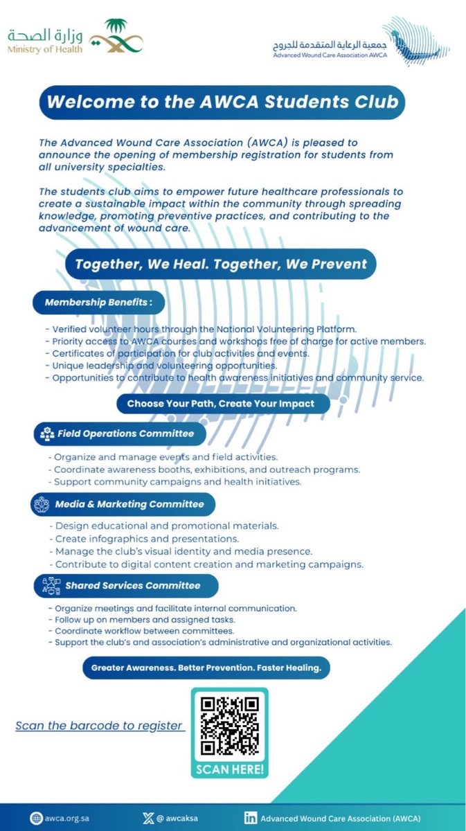 AWCAKSA's tweet photo. Applications are now open for the AWCA Students Club from all university specialties. Gain leadership experience, verified volunteer hours, workshops, certificates, and make a real community impact.

Together, We Heal. Together, We Prevent. 💙

#AWCA #Volunteer #HealthAwareness https://t.co/uVEGB9DmQ8