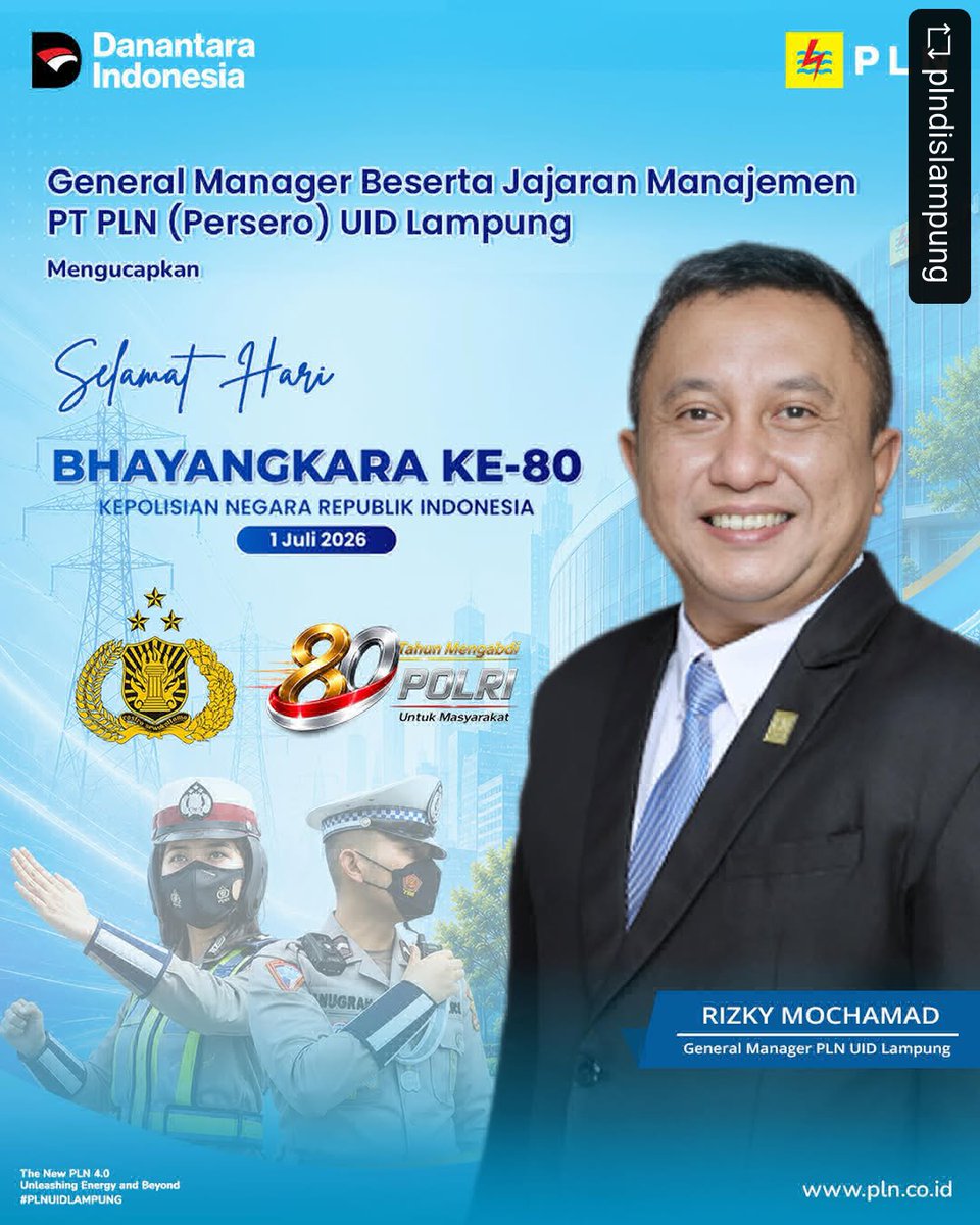 plndislampung's tweet photo. 80 Tahun Mengabdi, Polri untuk Masyarakat. 
Segenap Managemen, Karyawan/ti
Mengucapkan Selamat Hari Bhayangkara ke-80! 🇮🇩

Delapan dekade pengabdian menjadi bukti dedikasi dan semangat juang POLRI dalam menjaga keamanan, ketertiban, serta menghadirkan rasa aman bagi masyarakat https://t.co/8TDYyQunwQ