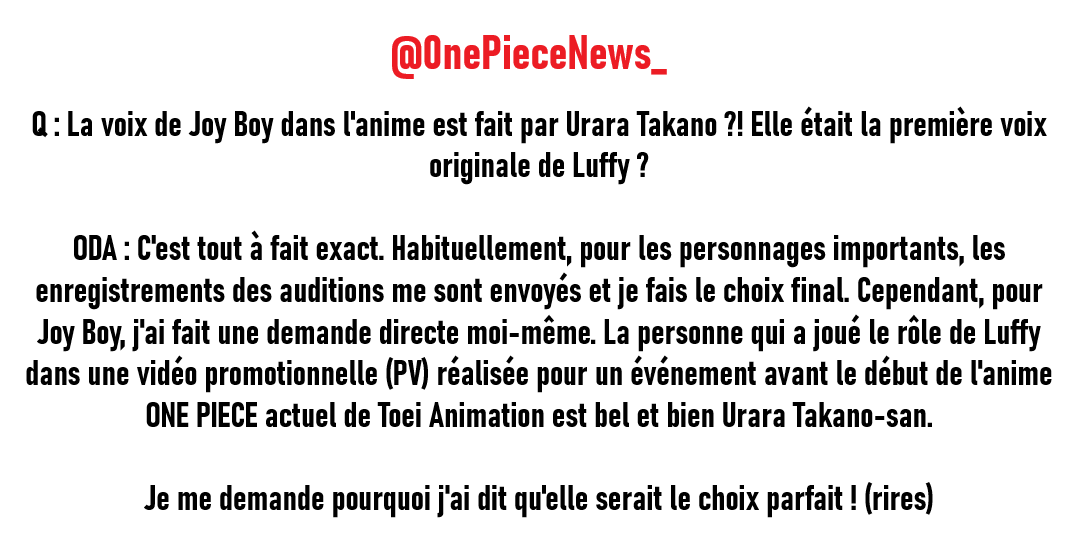 0nePieceNews_'s tweet photo. 🚨🚨 ONE PIECE SBS 115 

Q : La voix de Joy Boy dans l'anime est fait par Urara Takano ?! Elle était la première voix originale de Luffy ?

Oda : 👀 https://t.co/Dm2Uk0GKRU