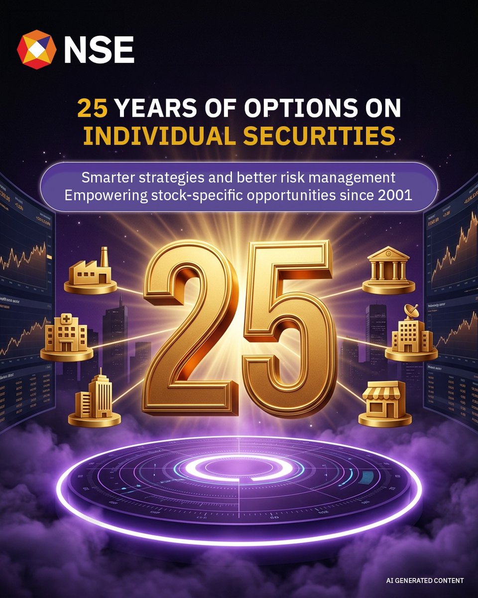 NSEIndia's tweet photo. On July 2, 2001, NSE introduced options trading on individual securities, giving investors a sharper tool to manage stock-specific risk. 25 years later, it remains a cornerstone of India's derivatives ecosystem.​
​
#NSE #NSEIndia #Milestone #IndividualSecurities #25YearsofOptionsTrading​ @ashishchauhan