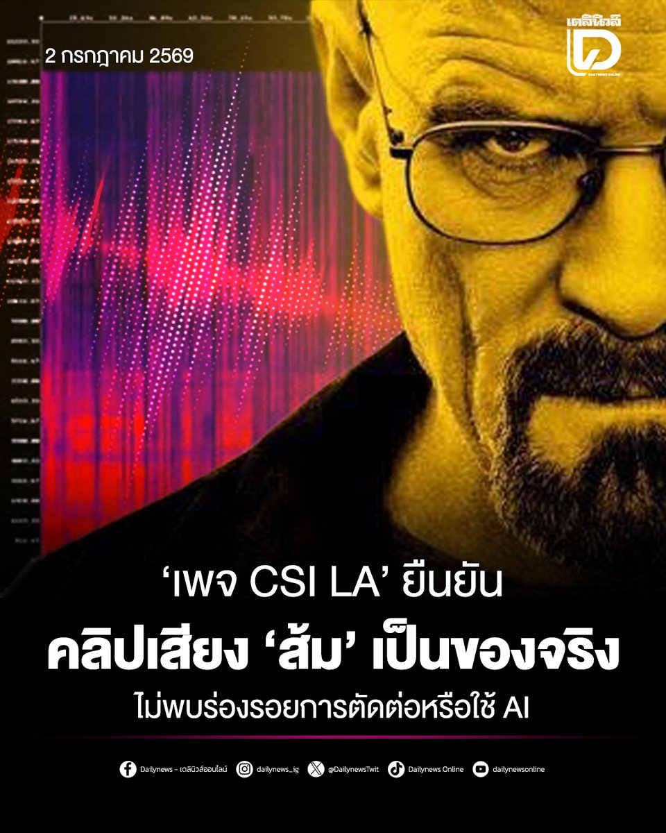 DailynewsTwit's tweet photo. ‘เพจ CSI LA’ ยืนยันคลิปเสียง ‘ส้ม’ เป็นของจริง ไม่พบร่องรอยการตัดต่อหรือใช้ AI
https://t.co/mRDyDiBLl2
#CSILA #ทุจริตสอบข้าราชการท้องถิ่น
#ข่าว #ข่าววันนี้ #เดลินิวส์ออนไลน์ https://t.co/YFMKT3MCvb