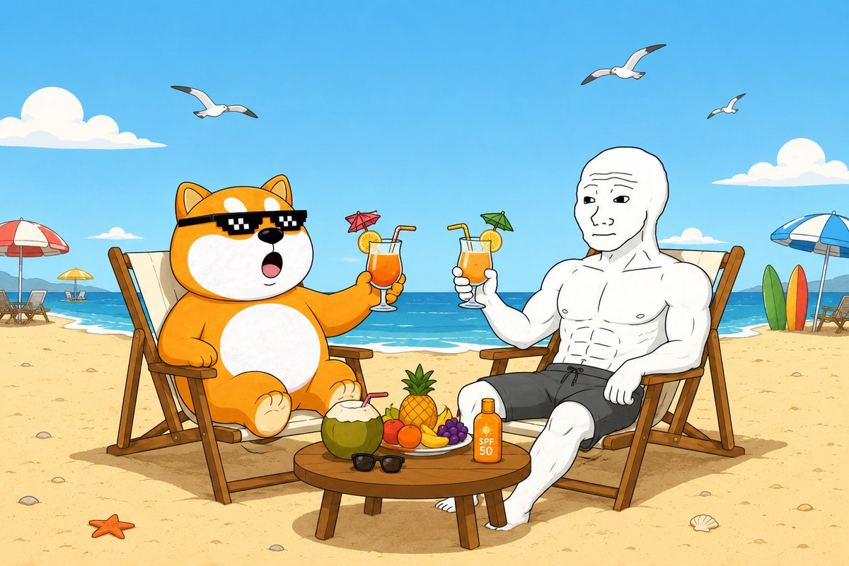 xdog_meme's tweet photo. XDOG ran into Wojak. 🌴🥥
Just chill vibes and tropical drinks. 🍹
Sometimes the best alpha isn't in the candlesticks. It's on the beach. 😎

#XDOG $XDOG @wojakcto https://t.co/T2bM43g4iN