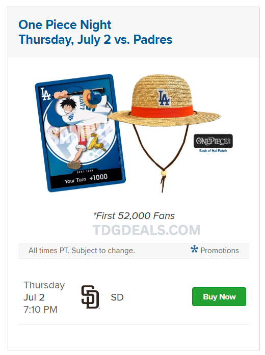 thedealsguy_'s tweet photo. One Piece x Dodgers Night is tomorrow ⚾🏴‍☠️

Tickets are still around $270+ and Luffy DON!! promos have been selling near $600.

Prices may dip as more hit the market tomorrow, but could rebound after.

Get there early if attending.

https://t.co/ailf91Ilp8

#ad https://t.co/0vO2svgyeM