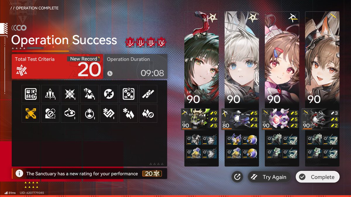 RJayGreyheart's tweet photo. Tonight's Endfield stream has successfully concluded! 

Took more than a few tries and swapping around some risks, but finally managed to get Risk 20! I was sweating bullets when Fangyi died at the end, but managed to finish the run 😎

Next CC, I'll have more ops prepared 😤 https://t.co/XUwWRRJahJ