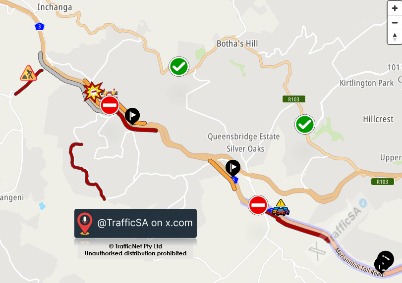 TrafficSA's tweet photo. KZN - N3 West: ROAD CLOSED ===> Cliffdale https://t.co/8uUiDWrzxH
