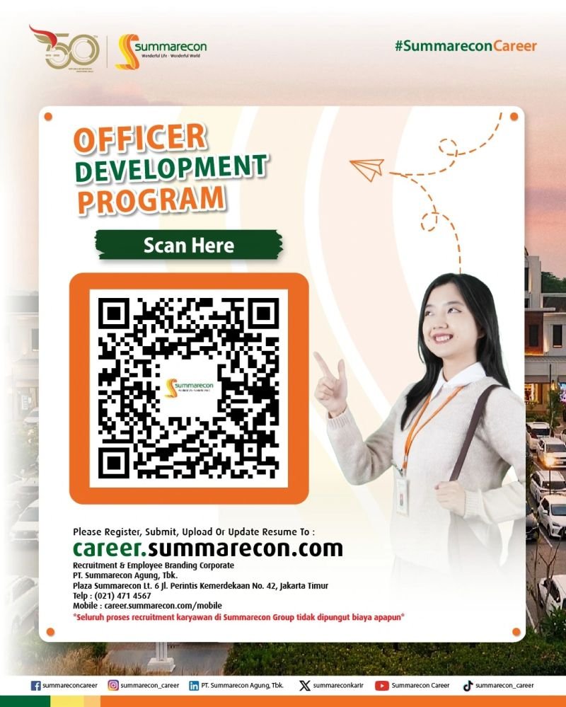 lokerbos's tweet photo. ✨ OPEN RECRUITMENT - OFFICER DEVELOPMENT PROGRAM [BATCH 21]

The Officer Development Program (ODP) at PT Summarecon Agung Tbk is a recruitment process for officer-level positions.

Join PT Summarecon Agung Tbk's Officer Development Program (ODP) and gain technical and non-technical competencies through comprehensive training, rotations system, and mentorship from experienced professionals. ODP prepares participants to grow into well-rounded young professionals.

📌 Learn more and apply now!
https://t.co/qEhLbQiKox

Your journey starts here.

Sumber : Linkedin

Bantu share guys! 
#lowongankerja #loker #kerja #infoloker #karir
