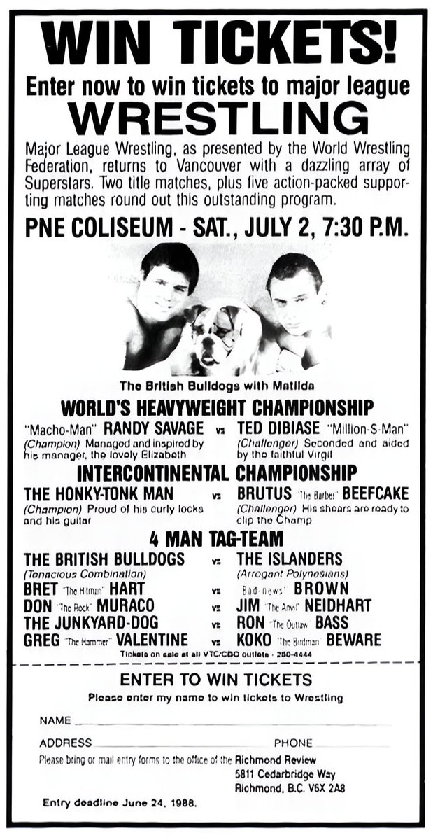 WWFWrestling1's tweet photo. On this day in 1988: WWF wrestling at the PNE Coliseum, Vancouver, British Columbia! 🤼 #WWF #WWE #BritishBulldogs https://t.co/MjhbzHnOyO
