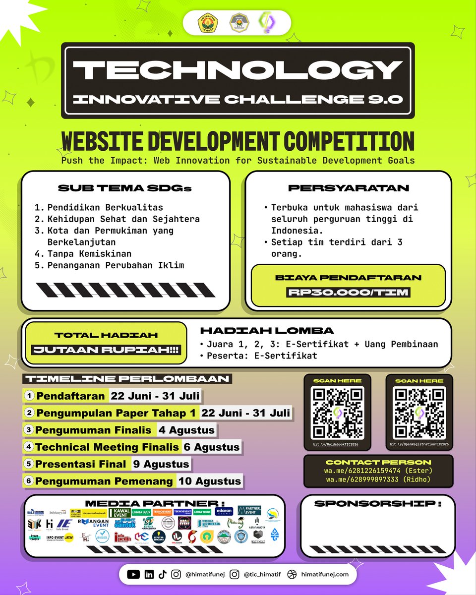 seputarseminar_'s tweet photo. [ OPEN REGISTRATION PESERTA TIC 9.0 ]

TIC 9.0 hadir kembali dengan tantangan yang lebih seru, kompetitif, dan penuh inovasi!

📝 Pendaftaran :
https://t.co/2trB9RafU0

📖 Guidebook :
https://t.co/Ciif79QUXQ

📲 Contact Person :
https://t.co/kW6lnRA4uO (Ester) https://t.co/x6ep6Ow2bn