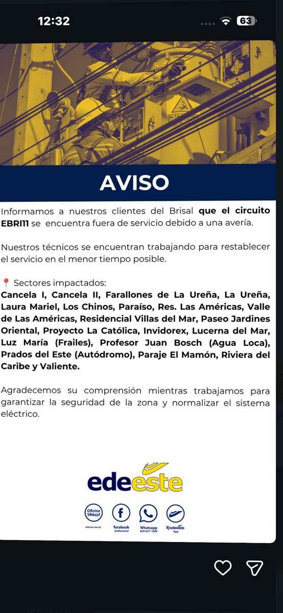misaelmorel's tweet photo. El circuito EBRI11 no necesita más promesas, necesita intervención técnica urgente. El servicio es deficiente, inestable y desesperante. Aguas Locas – La Ureña está cansada de vivir entre apagones y respuestas vacías. @EdeesteRD https://t.co/e2VpqS0LJD