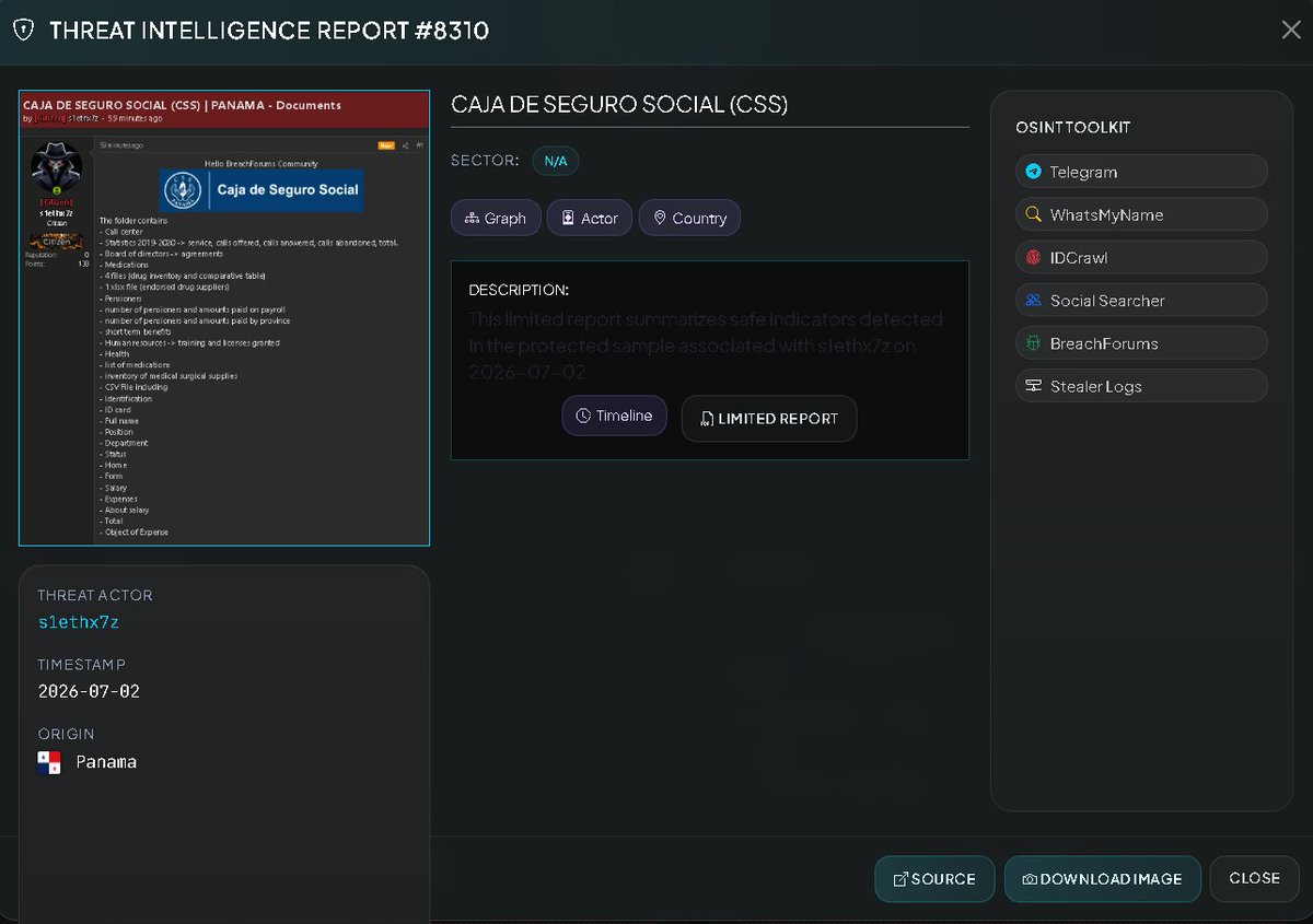 VECERTRadar's tweet photo. 🚨 CYBER INTELLIGENCE ALERT: HEALTH AND GOVERNMENT SECTORS — PANAMA 🇵🇦

[STATUS: ALLEGEDLY COMPROMISED / UNCONFIRMED / GOVERNMENT AND HEALTH / SOURCE: BREACHFORUMS / DATE: JULY 1, 2026]

THE ACTOR "S1ETHX7Z" CLAIMS TO COMPROMISE THE SOCIAL SECURITY FUND (CSS) AND EXFILTER OPERATIONAL, MEDICINE, AND PAYROLL REPOSITORIES

Through passive monitoring of signals on the clandestine cybercrime platform BreachForums, a critical risk post has been detected by the threat actor using the alias s1ethx7z. The attacker claims to have carried out a cyber intrusion against the infrastructure of the Panama Social Security Fund (CSS), the country's main public health and social security institution.

🏢 Allegedly Affected Entity: Panama Social Security Fund (CSS — [https://t.co/UHzbyxWkiZ](https://t.co/UHzbyxWkiZ)).

👤 Threat Actor: s1ethx7z.

⚔️ Potential Attack Vector: Compromise of institutional supplier portals, logical access control flaws in human resources databases, or exfiltration of logical backup copies of file storage.

🔍 Verification Status: UNCONFIRMED BY AUTHORITIES. As of July 1, 2026, the CSS General Directorate, the Ministry of Health of Panama (MINSA), or the National Authority for Government Innovation (AIG) have not issued forensic reports or technological contingency alerts validating a breach of confidentiality in their internal networks.

🗂️ TAXONOMIC ANALYSIS OF THE CLAIMED CONTENT

The exposed data dump consists of various folders and master files that encompass the operational, financial, and medical logic of the institution:

👤 1. Personal, Employment, and Tax Information (Master File .CSV)
The most sensitive component indexes a database of personnel and internal payroll records that exposes:

Personally Identifiable Information (PII): Full names of employees or users, national identity card numbers, and account identification.

Operational and Institutional Profile: Assigned job positions (Position), CSS departments or units, current status, and location records (Home).

Financial Traceability and Payroll: Detailed data on salary structures (Salary, Form), associated expenses (Expenses), salary calculation fields (About salary), accumulated amounts (Total), and government accounting allocation (Object of Expense).

💊 2. Health, Medication, and Inventory Modules
Supply Control: Lists of medications, detailed inventories of essential medical and surgical supplies, and four specific files containing drug inventories and comparative acquisition tables.

Supplier Traceability: A spreadsheet file (.xlsx) that consolidates a list of medication suppliers endorsed and approved by the social security institution.

🛡️ PREVENTIVE TECHNICAL RECOMMENDATIONS FOR CONTAINMENT (SOC / CERT-PA)

🛑 Forensic Audit of Networks and Payroll API Interfaces (CSS Action): Social Security Fund infrastructure administrators are urged to conduct a thorough log inspection of the human resources, purchasing, and medication system database servers. It is a priority to identify anomalous flows of .7z file extraction or bulk downloads executed at the network edge.

🔑 Strengthening Controls in the Supplier and Payment Network: The purchasing and finance departments should be proactively alerted to strictly verify, via offline channels (verified voice calls), any requests for changes to bank accounts or payment routes submitted by medical contractors.

📊 MONITORING AND EVALUATION

Intelligence System: https://t.co/wk9bZJ2Nli

#CyberSecurity #Panama #CSS #CajaDeSeguroSocial #DataLeak #BreachForums #S1ethx7z #GovLeak #PIIExposure #MedicationInventory #PensionersData #PayrollLeak #ThreatIntelligence #CyberAlert #VECERT #Infosec #UnverifiedIncident