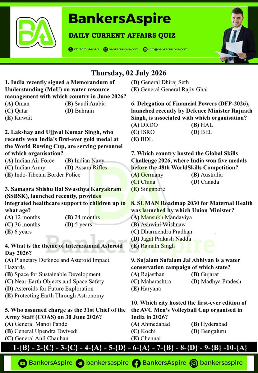 bankersaspire's tweet photo. Today’s Daily Current Affairs Quiz is LIVE!
🆓 Attempt FREE Quiz + Download FREE PDFs
👉 https://t.co/ruRszjDAN4
#DailyCurrentAffairs #CurrentAffairsQuiz #BankingAwareness #FinancialAwareness #IBPSRRB #SBICBO #BOIGBO #LBO https://t.co/dP11f8a3Kx