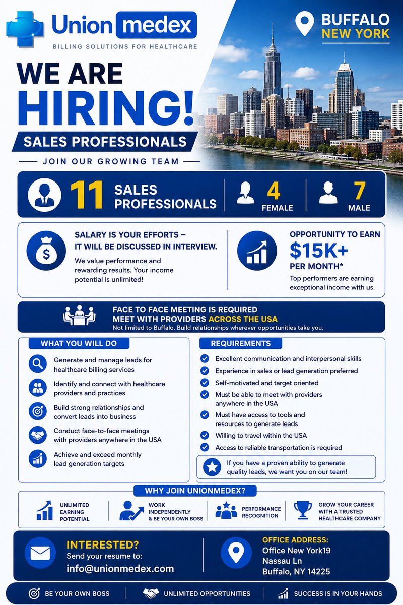 unionmedex's tweet photo. #Hiring #SalesProfessional #HealthcareSales #MedicalBilling #B2BSales #BusinessDevelopment #LeadGeneration #RemoteSales #TravelJobs #HealthcareCareers #UnionMedex https://t.co/Kr7O1hiO4T
