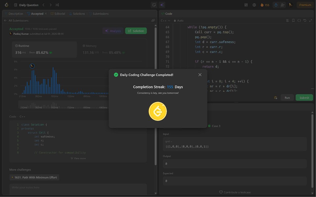 PankajB42550's tweet photo. 🚀 #Day 155/100 (Reverse Substrings Between Each Pair of Parentheses @LeetCode – #Daily)!
Key: Stack simulation – push substring when '(' seen, pop & reverse when ')' seen.
⌛ O(n) | O(n)
✅ Accepted
@CoderArmy #100DaysOfCode #DSA #Stack #String #DSA26 #DAY155 https://t.co/XhnnPixRDF