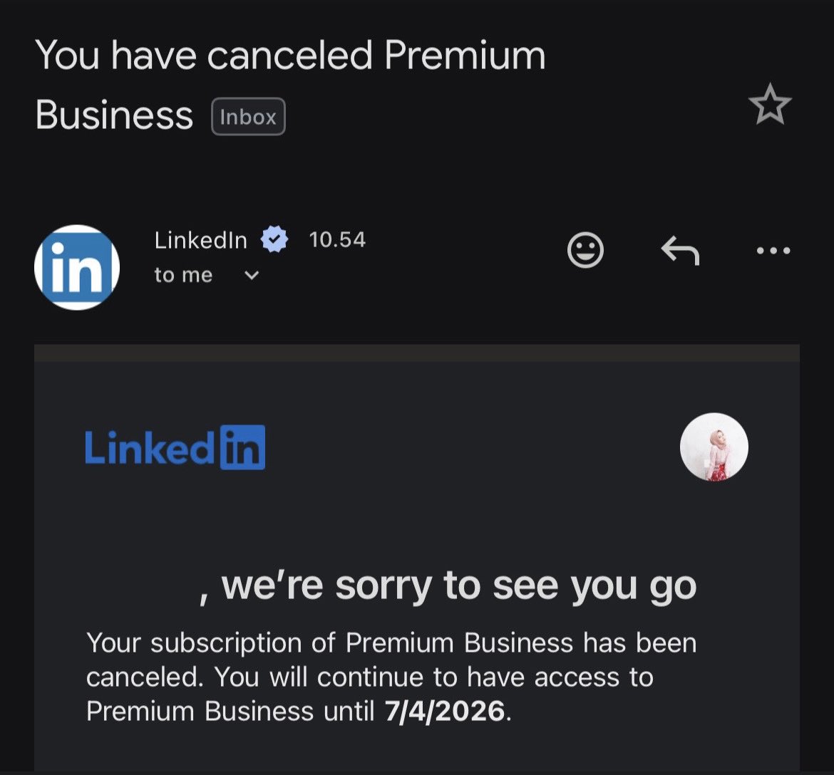 siniditulisin's tweet photo. @oddjob4umick kak beneran kan?🥹 gini sih infonya dari
- notif linkedin lgsg pas cancel
- profile linkedin aku bagian settings
- email pribadi aku https://t.co/kIUSqvkLsb