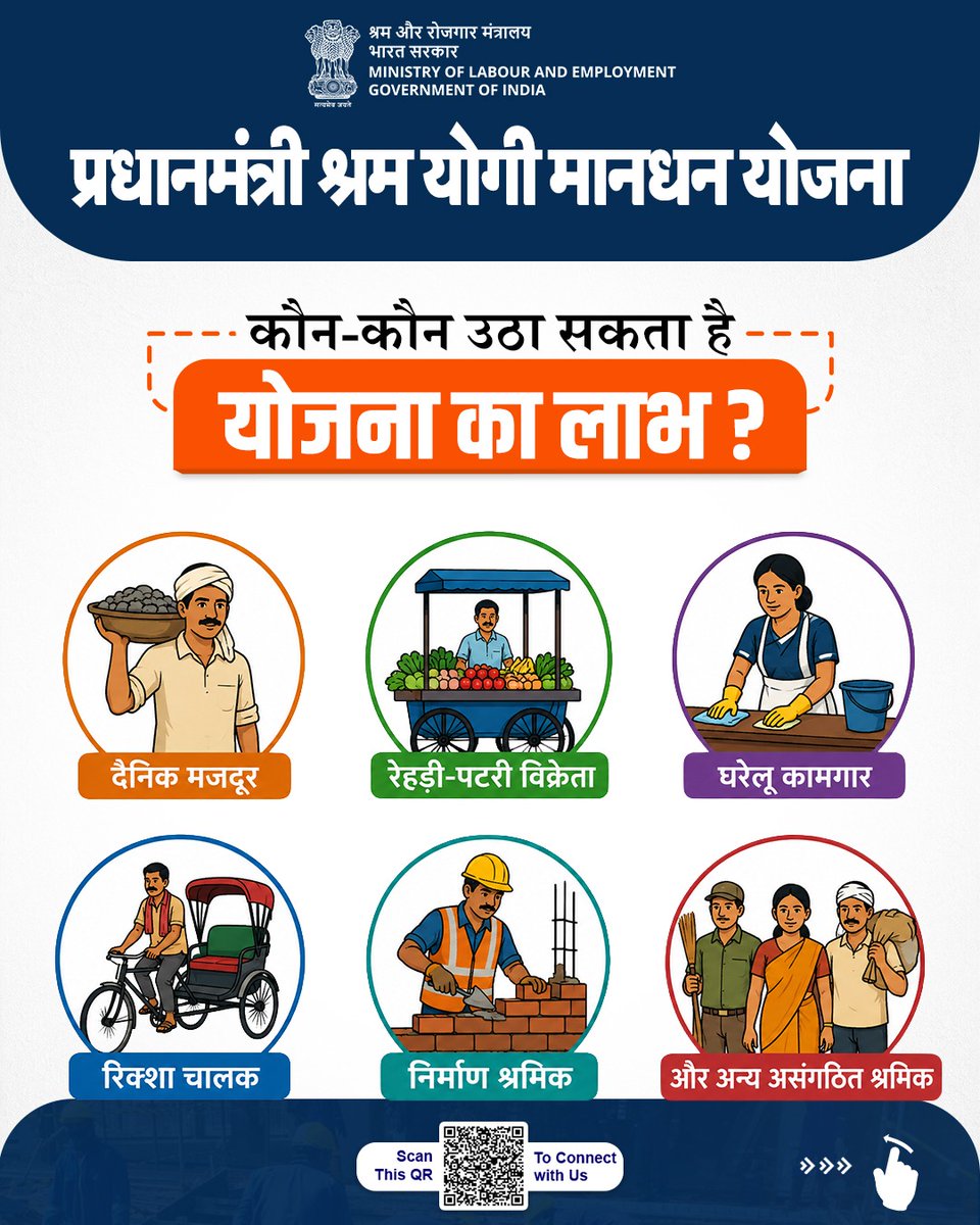 LabourMinistry's tweet photo. प्रधानमंत्री श्रम योगी मानधन योजना के अंतर्गत असंगठित क्षेत्र के कामगारों को पेंशन का लाभ प्रदान किया जा रहा है। इस अंशदायी पेंशन योजना के माध्यम से 60 वर्ष की आयु प्राप्त करने पर वृद्धावस्था में ₹3,000 प्रति माह पेंशन का लाभ मिलेगा। 

#MoLE #pension https://t.co/x75h7tZut3