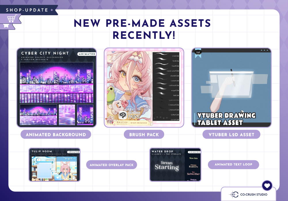 CoCrushStudio's tweet photo. 【New Pre-made Assets Recently!】
— 💜made by co-crush studio
@blinkdraws @nezilaz @IkunOreo_
「🛒 Shop update 」
▸ Animated BG
▸ Brush Pack
▸ Vtuber L2D Asset
▸Animated Overlay Pack
▸ Animated Text Loop
🔗Link in thread!
#streamassets #VTuberAssets #brush #P2U #VGenShop https://t.co/Go0hhy9nCF