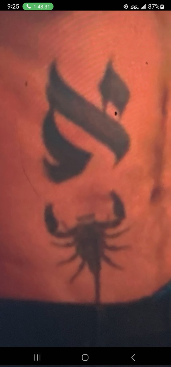 real1Bobsmith's tweet photo. #CitizenVigilante 
This image displays a tattoo of the Hebrew letter Aleph (א), which is the first letter of the Hebrew alphabet and symbolizes oneness.
The Scorpion: A primal symbol of self-defense, resilience, and personal boundaries. Why is this in the movie? What's it mean? https://t.co/dBXFzxY5Hh