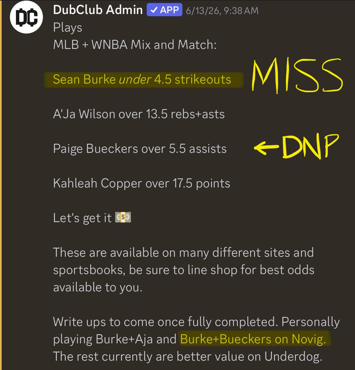 FadingMattP's tweet photo. June 13: Burke / Bueckers was played on Novig. Paige Bueckers was a DNP, reverting the slip to a Sean Burke straight which missed. 1 unit not tracked

June 17: Claimed to have played Kay / Scherzer on UD, but instead posts a Novig slip that would’ve been refunded if played on UD https://t.co/m1wFmFsMw3