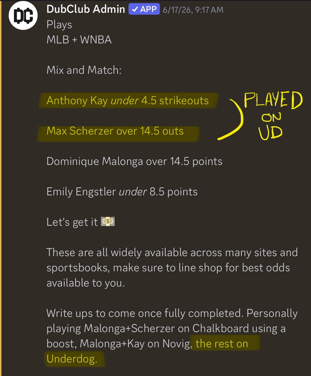 FadingMattP's tweet photo. June 13: Burke / Bueckers was played on Novig. Paige Bueckers was a DNP, reverting the slip to a Sean Burke straight which missed. 1 unit not tracked

June 17: Claimed to have played Kay / Scherzer on UD, but instead posts a Novig slip that would’ve been refunded if played on UD https://t.co/m1wFmFsMw3