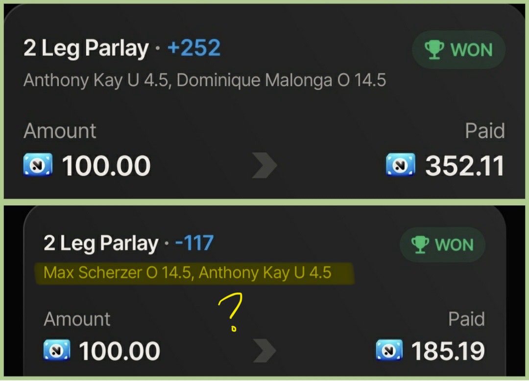 FadingMattP's tweet photo. June 13: Burke / Bueckers was played on Novig. Paige Bueckers was a DNP, reverting the slip to a Sean Burke straight which missed. 1 unit not tracked

June 17: Claimed to have played Kay / Scherzer on UD, but instead posts a Novig slip that would’ve been refunded if played on UD https://t.co/m1wFmFsMw3