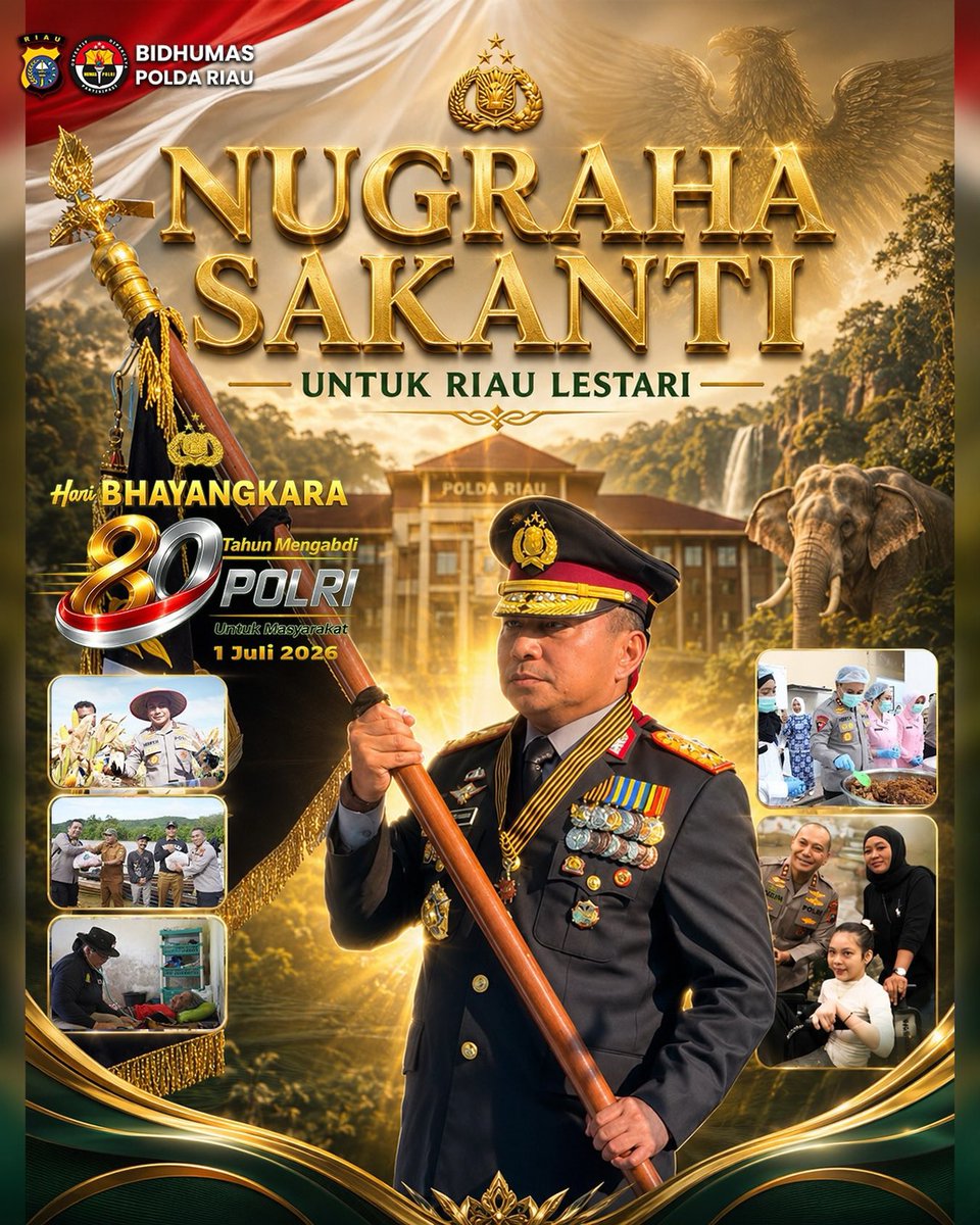 GeganaRiau's tweet photo. Pada momentum Hari Bhayangkara ke-80 Tahun 2026, Polda Riau menerima Anugerah Nugraha Sakanti dari Presiden Republik Indonesia sebagai bentuk penghargaan negara atas dedikasi, kinerja, dan pengabdian dalam menjaga keamanan serta memberikan pelayanan kepada masyarakat. https://t.co/lJ61mNHKs1