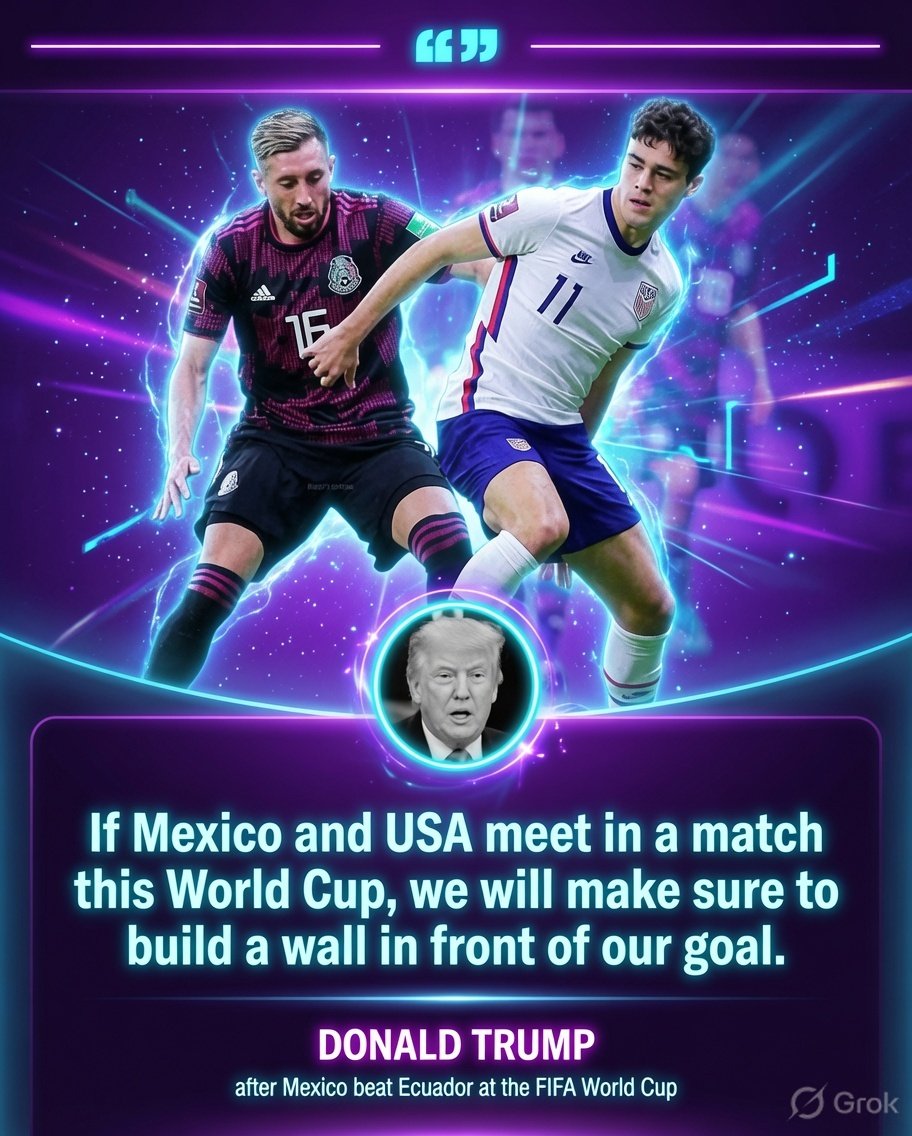 matchdaynetwork's tweet photo. 😂 Donald Trump on Mexico vs USA in the World Cup 

“If they meet, we will build a wall in front of our goal” 

The banter is already elite 🔥

Who wins this one? 

Comment USA or Mexico 👇

#WorldCup #USA #Mexico #MatchdayGlobal https://t.co/77xibfYh3c