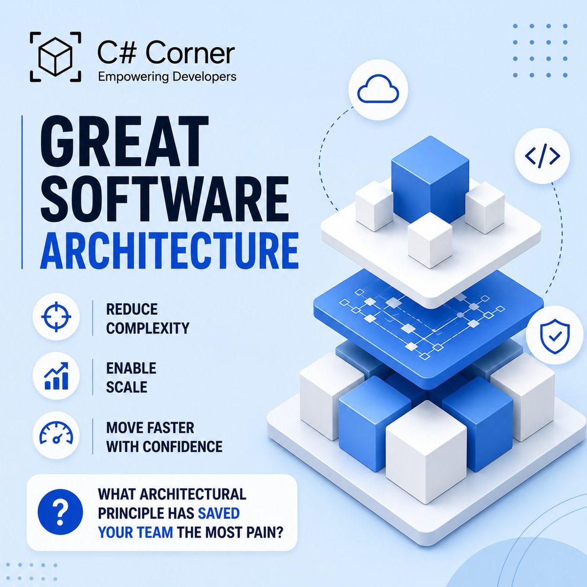 CsharpCorner's tweet photo. Great software architecture isn't about adding more layers.

It's about reducing complexity, enabling scale, and helping teams move faster with confidence.

Our latest piece explores practical architectural patterns that stand the test of time and rapid technological change.

What architectural principle has saved your team the most pain?

Explore for more!
https://t.co/Lz5zR231GG

#SoftwareArchitecture #SystemDesign #Microservices #CloudComputing #DeveloperCommunity #Programming #TechLeadership #SoftwareEngineering #CSharp #DotNet #ArchitecturePatterns #TechInnovation