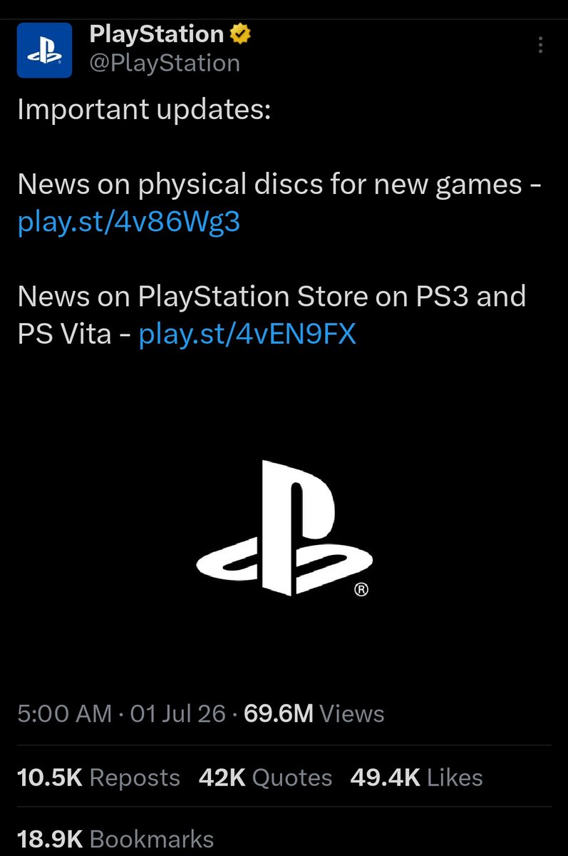 Rikoveno's tweet photo. Playstation hasn't responded yet toward the backlash of Sony ending production of physical game discs... 
Whelp, it's your funeral.

Who's still excited about GTA 6?
I realized GTA 6 could've saved physical copies by reviving it.
But no.
PS6 physical copy? Nah. It doesn't exist. https://t.co/fasyr1eYRM