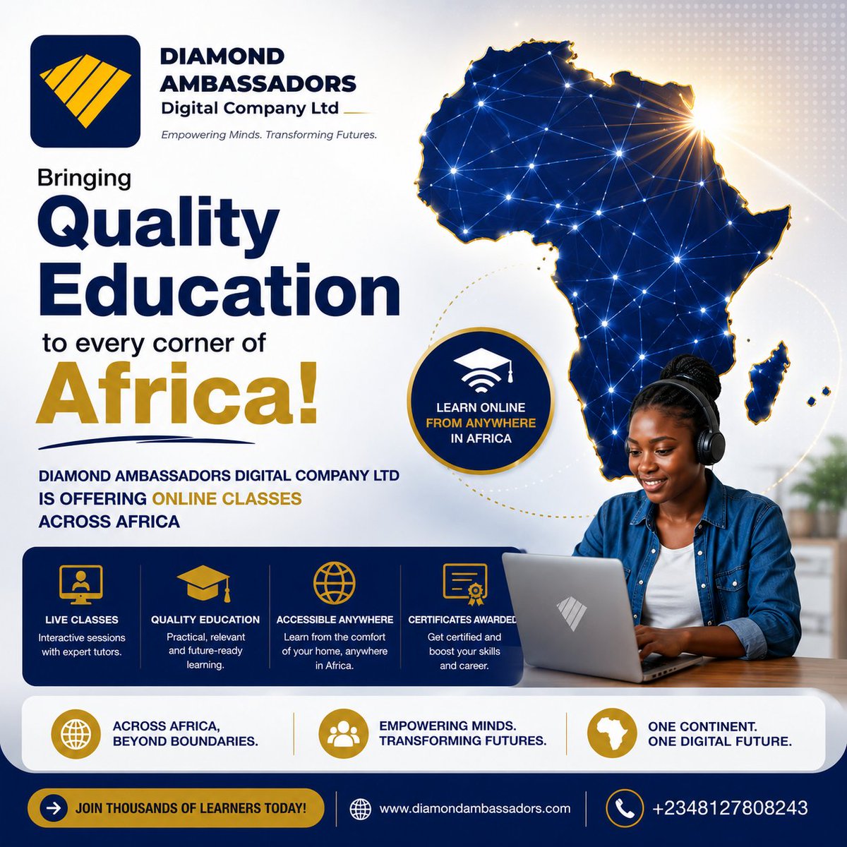 delxaintl's tweet photo. Learn Without Borders! 🌍

Diamond Ambassadors Digital Company Ltd
A Top-Tier Computer Training School
We are empowering learners across Africa and the world with live, interactive online classes taught by experienced instructors.
Now Enrolling Students Across Africa &amp; Worldwide https://t.co/9babdJVIGr