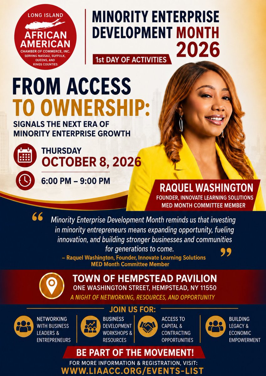 NycSmall60705's tweet photo. The first day of MED Month 2026 activities is scheduled for: Thursday, October 8th, 2026 6:00 p.m. – 9:00 p.m. Town of Hempstead Pavilion One Washington Street Hempstead, New York 11550
Click on link here to register: https://t.co/7STDnsTUaG https://t.co/5YgsZVvUCn
