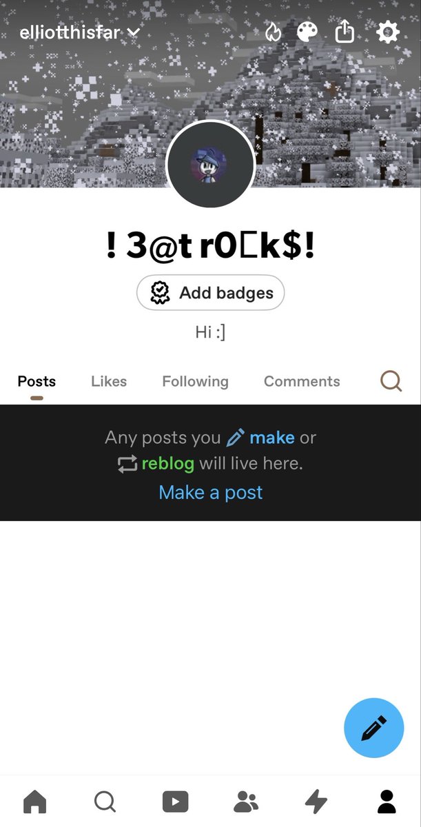 ElliotThusFar's tweet photo. Hi!!!!! I have a Tumblr account!!!! Im not sure what to post on it but whatever https://t.co/ZlUxTgrb9K