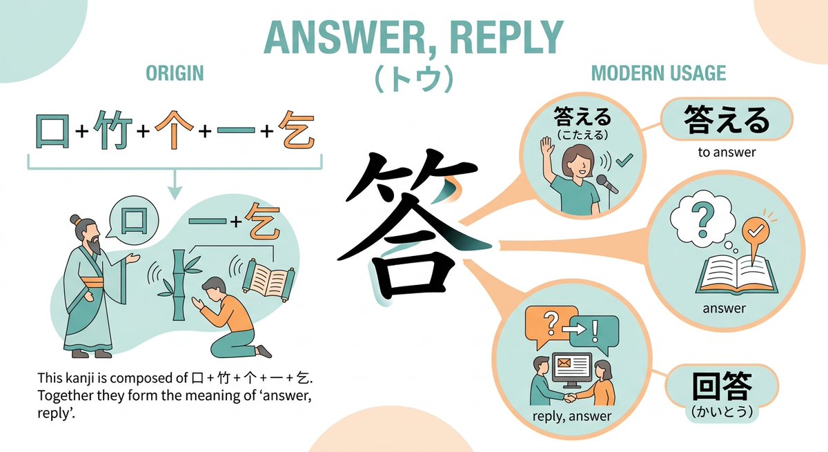 kanjipalaceapp's tweet photo. 答 (こたえる, こたえ; トウ) = answer, reply.

EXAMPLE WORDS
to answer = 答える (こたえる)
answer = 答え (こたえ)
reply, answer = 回答 (かいとう)

EXAMPLE SENTENCES
質問に答えてください。
しつもん に こたえ て ください。
Please answer the question.

正しい答えを教えてください。
ただしい こたえ を おしえ て ください。
Please tell me the correct answer.

彼の返答を待っている。
かれ の へんとう を まっ て いる。
I'm waiting for his reply.