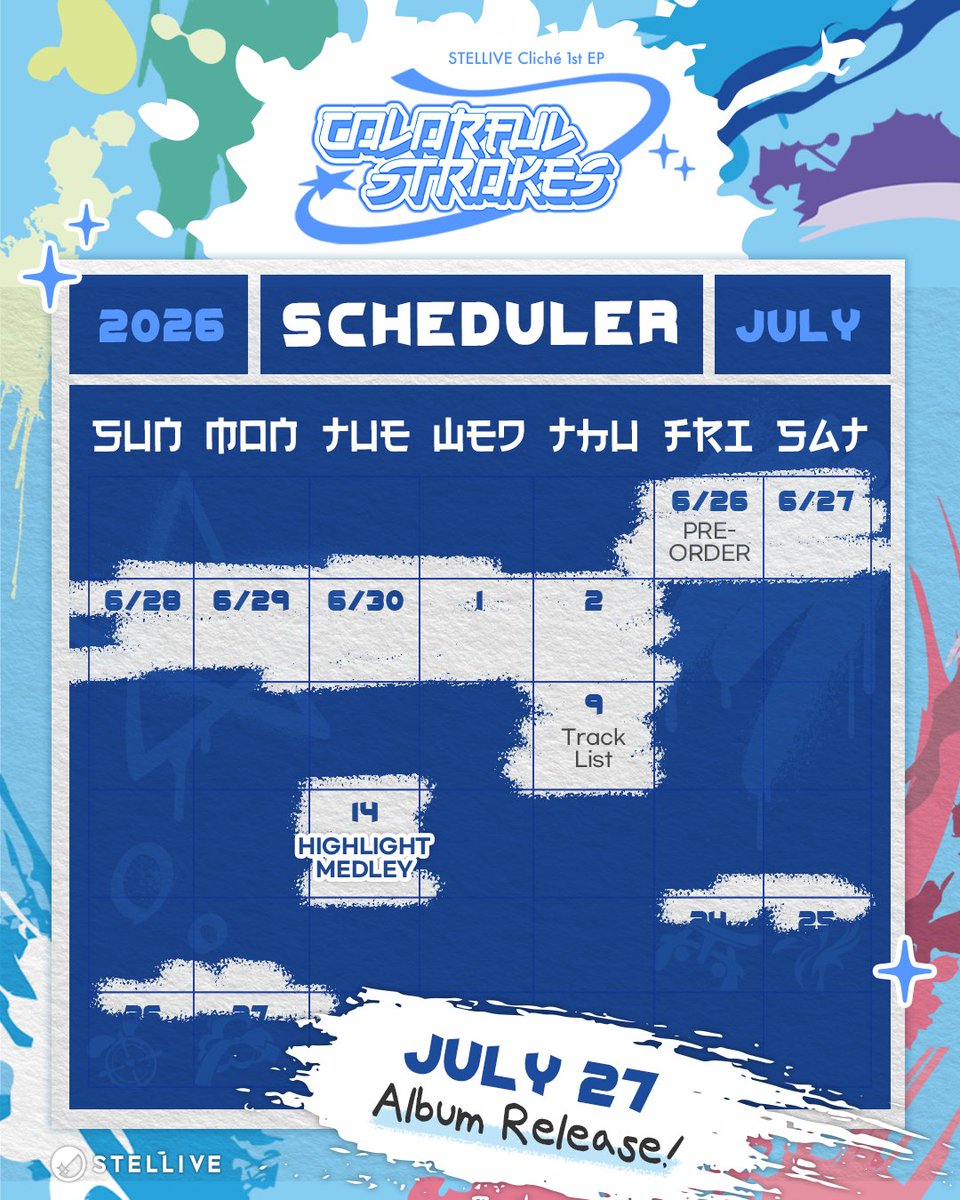 StelLive_kr's tweet photo. STELLIVE Cliché 1st EP 「Colorful Strokes」
Promotion Schedule ①

어떤게 숨어 있을까? 🤫✨

「Pre-Order」
2026.06.26 (금) 4PM (KST) ~
🔗 https://t.co/QoGIlUuWTf

「Digital Release」
2026.07.27 (월) 6PM (KST)

#스텔라이브 #stellive #Cliché #ColorfulStrokes https://t.co/uuLmddxnHe