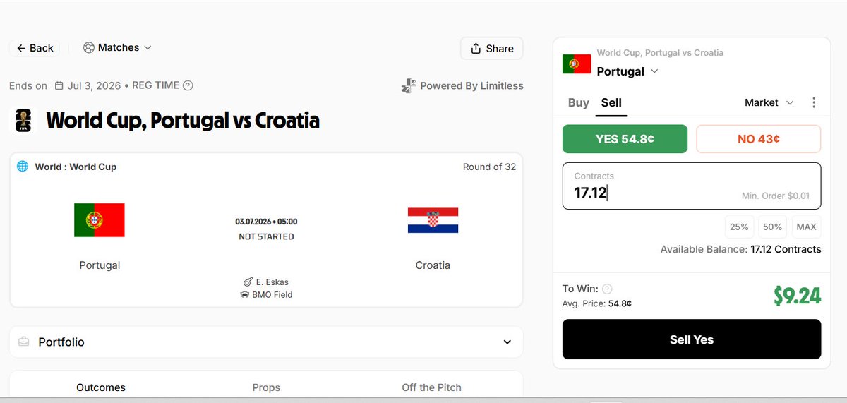Rokon_Islam58's tweet photo. Took my position on Portugal 🇵🇹 for the World Cup clash against Croatia. ⚽

Now it's all about waiting for kickoff and seeing how it plays out. I enjoy making predictions because every match tells a different story.

Let's see if Portugal gets the job done.👀

@trylimitless makes it simple to trade your conviction on sports and other real-world events.