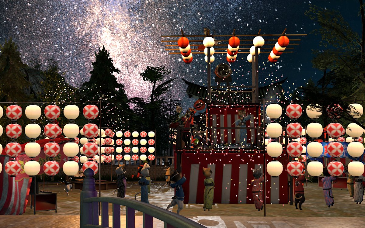 merveille_SL's tweet photo. 🪭天晴お散歩ガイド・壱🪭
ＬＰから北へ行くと...猫たちの夏祭り！🏮
天晴レジデントと勝手に呼んでいる猫たちが、今年も賑やかに夏を満喫しています✨
一緒に遊んで行ってください🥰

そして、GG「GINKAN」の見惚れる星空もぜひお供に✨
#SL_Appare #SL_Appare_photo #SL_Appare_guide https://t.co/c8pDCtcwNG