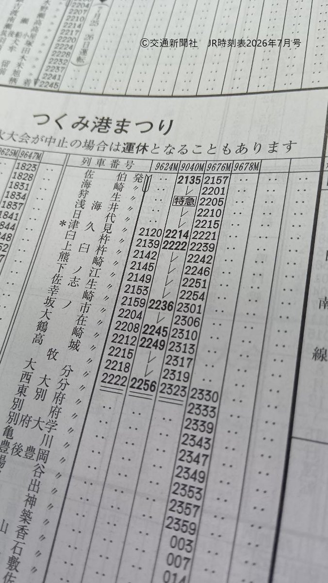 kotsu_jikoku's tweet photo. JR時刻表7月号みどころ～その⑥～

「つくみ港まつり」の枠に出現した、名前のない特急列車。もちろん誤掲載ではございません。JRでは極めて珍しい、「列車名なし」の特急がこの夏に運転です。

#ＪＲ時刻表 https://t.co/YtOeYOaklI