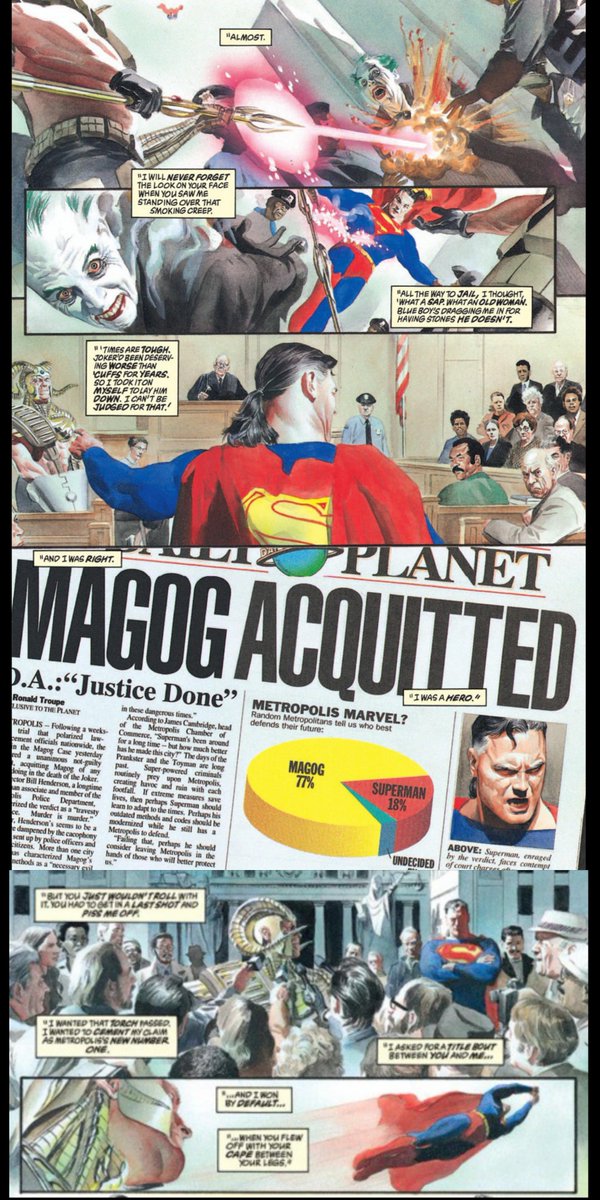 TRLLStrksAgain's tweet photo. En KINGDOM COME de #MarkWaid, #Superman se aleja de la Humanidad cuando los "héroes" hacen justicia acabando con los criminales de forma definitiva como Magog matando Joker.
En el #DCU de @JamesGunn los "héroes" ya actúan así y a su "Superman" parece no importarle. https://t.co/GRAJmLgzqJ