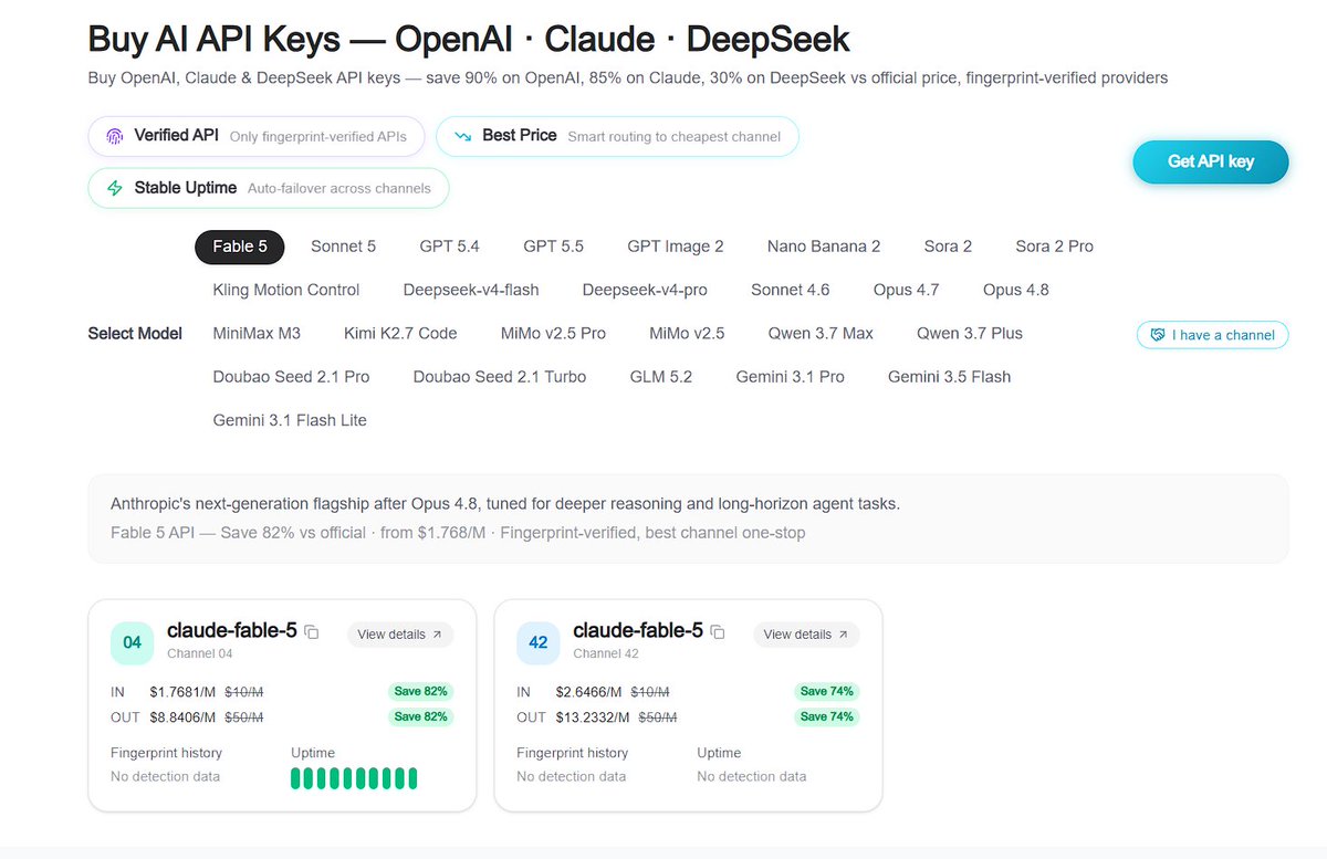 apimasterai's tweet photo. Claude Fable 5 is live on https://t.co/MvhOYPw2ug under the model ID claude-fable-5, with marketplace routes showing up to ~70% off Anthropic's official list price. Anthropic lists Fable 5 at $10/M input tokens and $50/M output tokens, while APIMaster routes can lower the effective cost to roughly $3/M input and $15/M output on discounted channels.

Anthropic (~40M monthly visits, SimilarWeb estimate) introduced Claude Fable 5 and Claude Mythos 5 on June 9, 2026, then re-deployed Fable 5 globally on July 1, 2026 after export controls changed on June 30, 2026. Fable 5 uses the same underlying model family as Mythos 5, but ships with stronger safeguards for broad production use.