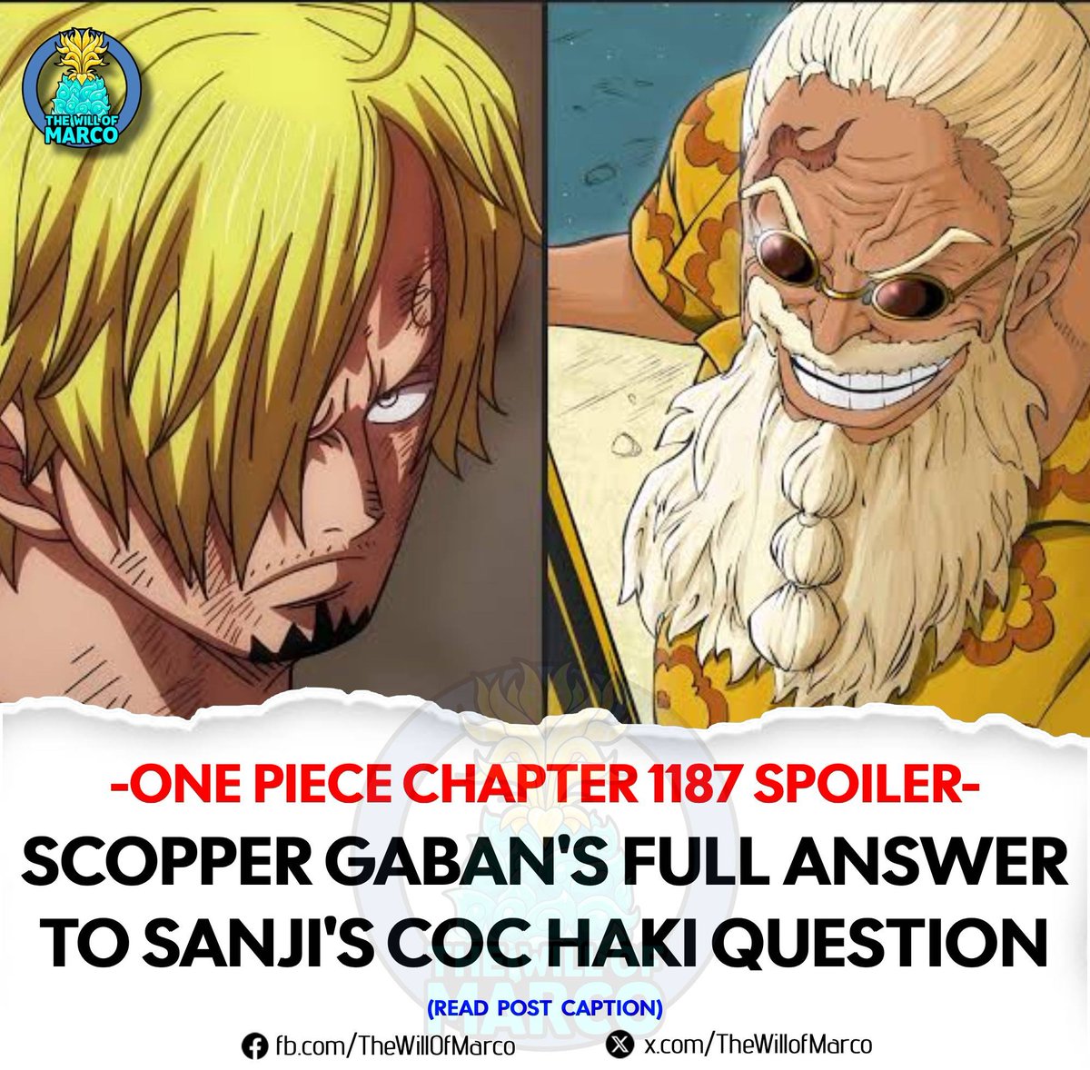 TheWillOfMarco's tweet photo. #ONEPIECE1187 

Scopper Gaban's full answer to Sanji's question of he possess Conqueror's Haki or not: 

Sanji: Hey, old man, what about me?! Don't I have "Conqueror's Haki"?!

Gaban: You should have the potential...

Sanji: Really?!

Gaban: However, for some reason, you... harbor a dangerous self-deprecation*. You must become a "King" yourself too... if you truly want to make Luffy the "King of the Pirates"!!

TL Note: The Japanese term is "自虐" (jigyaku). It literally means "self-torture," but in this context, Gaban is saying that Sanji is being "self-deprecating" or "undervaluing" himself.