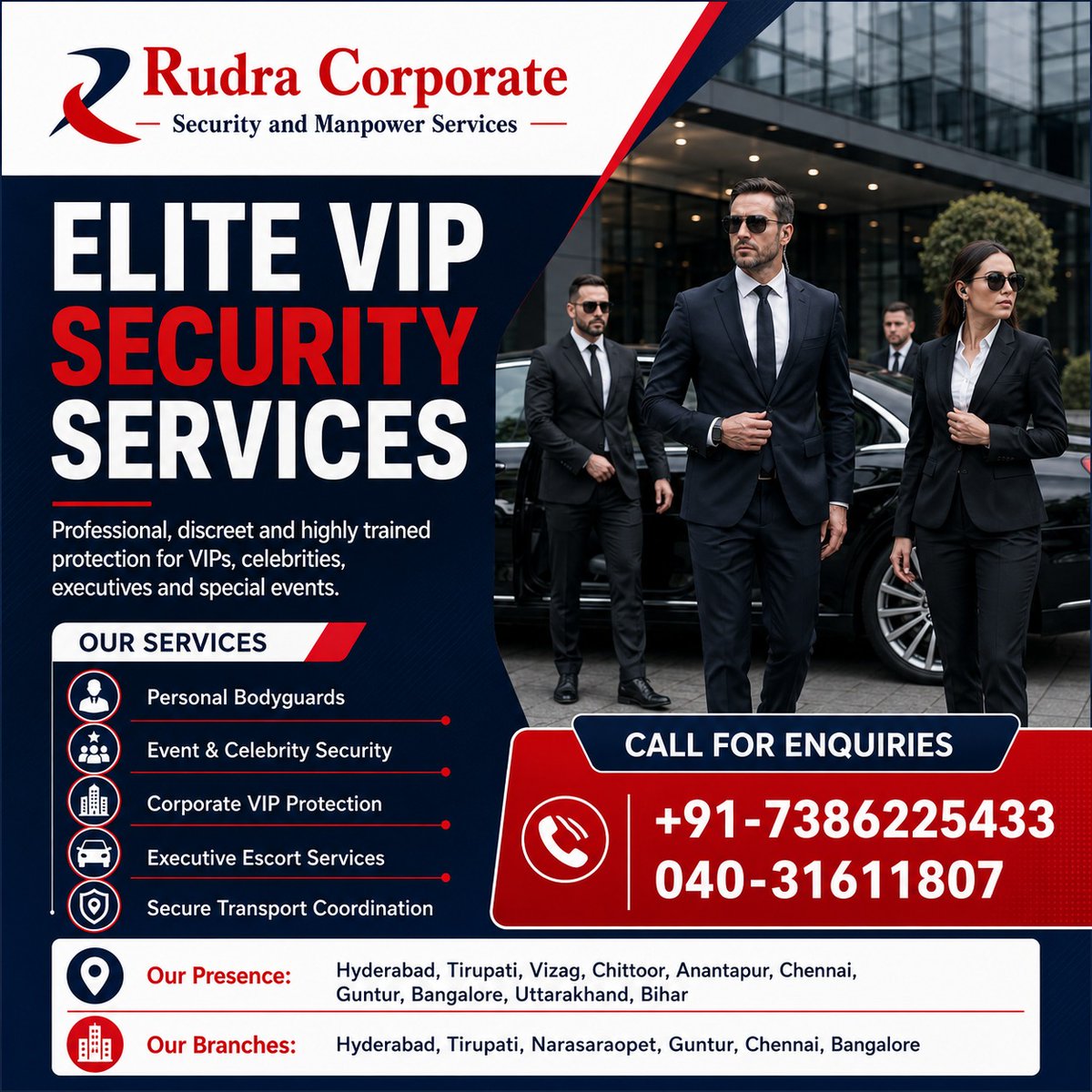 rudra_corporate's tweet photo. 𝐄𝐥𝐢𝐭𝐞 𝐕𝐈𝐏 𝐒𝐞𝐜𝐮𝐫𝐢𝐭𝐲 𝐒𝐞𝐫𝐯𝐢𝐜𝐞𝐬 𝐲𝐨𝐮 𝐜𝐚𝐧 𝐭𝐫𝐮𝐬𝐭.
𝐅𝐨𝐫 𝐞𝐧𝐪𝐮𝐢𝐫𝐢𝐞𝐬, 𝐜𝐚𝐥𝐥: +𝟗𝟏 𝟕𝟑𝟖𝟔𝟐 𝟐𝟓𝟒𝟑𝟑 | 𝟎𝟒𝟎 𝟑𝟏𝟔𝟏𝟏𝟖𝟎𝟕
#RudraCorporate #VIPSecurity #PersonalBodyguards #CelebritySecurity #EventSecurity #ExecutiveProtection https://t.co/WE3rRTu3GG