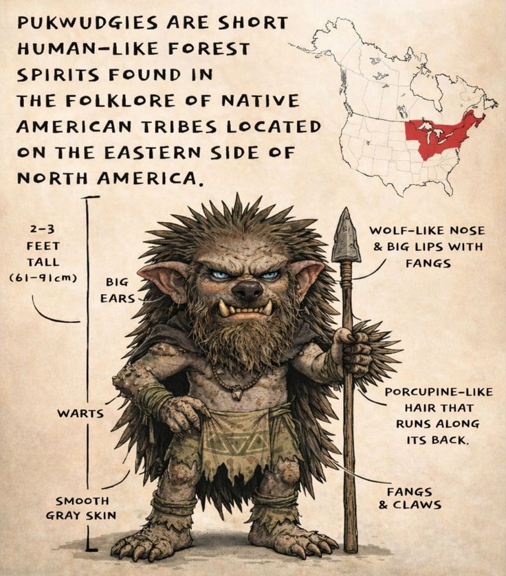 AndCryptids's tweet photo. A Pukwudgie is a malicious, 2 to 3-foot-tall humanoid from the folklore of the Wampanoag and other Algonquian Native American tribes. Translating roughly to "little wild man of the woods that vanishes," https://t.co/68g6V77wbL