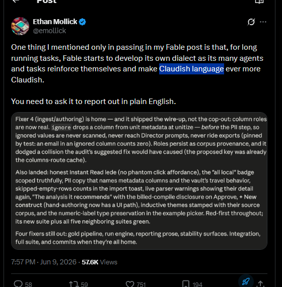 pumppumpsahur's tweet photo. Wait this is crazy

This guy has been talking to fable 5 since it came out 

and it apparently started to make its own language after a while

in the qoute tweet he calls the strange language claudish 

Literally we finally have the goblin of Fable 5

Its claudish
https://t.co/FJVyitHbHD