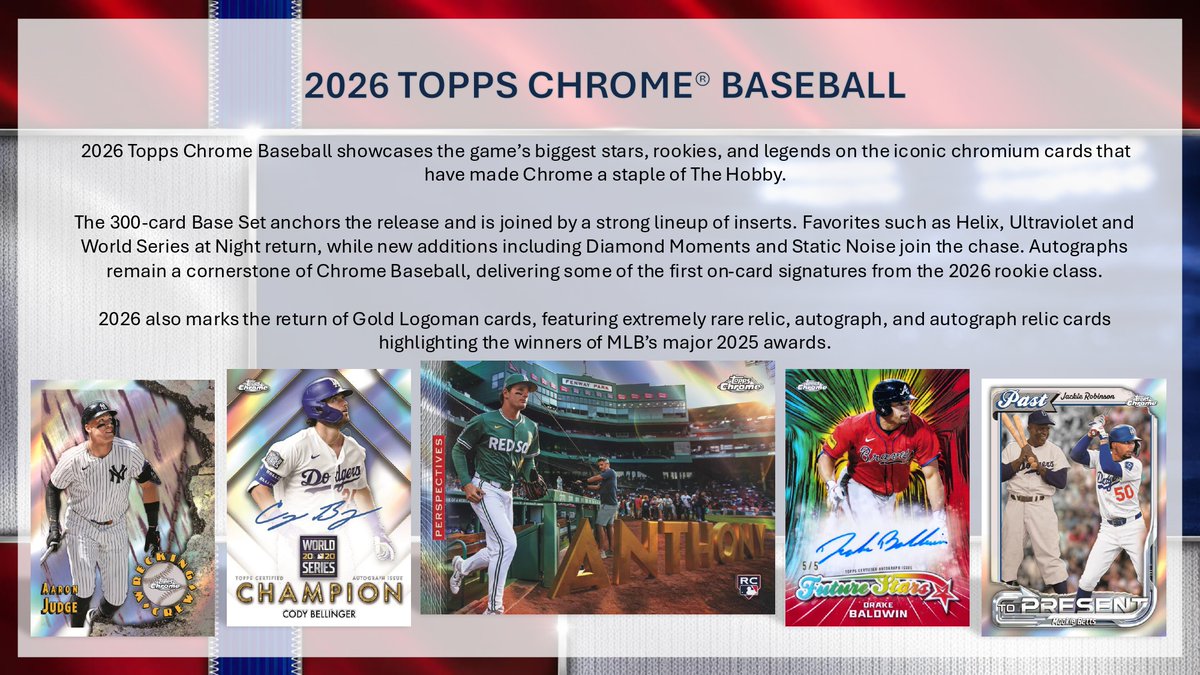 MintHeadquarter's tweet photo. 【製品情報】
2026年7月23日 発売予定
⚾MLB 2026 TOPPS CHROME BASEBALL 

【HOBBY】▶https://t.co/pK2DEI3c0T 
【JUMBO】▶https://t.co/xjefPeYmgc
【BREAKER DELIGHT】▶https://t.co/FBNUnAydHt
【VALUE BOX】▶https://t.co/NBKAr0IMkW

トップス社から「クローム」MLB公式ベースボールカードが登場！

トップス社の代表ブランドが今年も発売！

MLBのトップスターやルーキー、往年のレジェンドが豪華なクローム加工のカードで収録！

#トレカ発売情報
