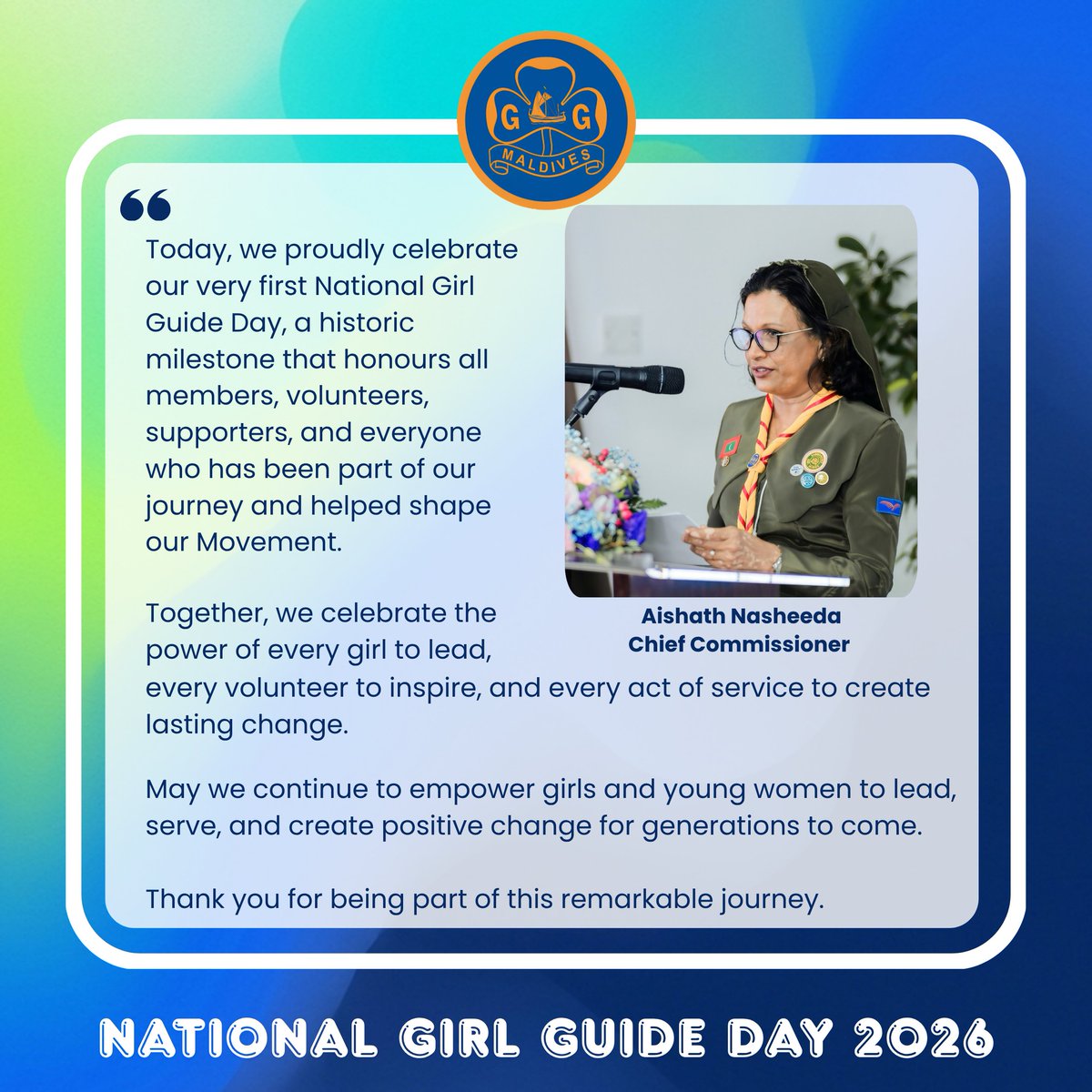 GirlGuidesMv's tweet photo. As we mark the first-ever National Girl Guide Day, we are honoured to share a special message from our CC, Ms. Aishath Nasheeda, on this historic occasion.

To every member, volunteer, leader, supporter, and friend of Girl Guiding, thank you for being part of our story. https://t.co/UgIhVEz2mf