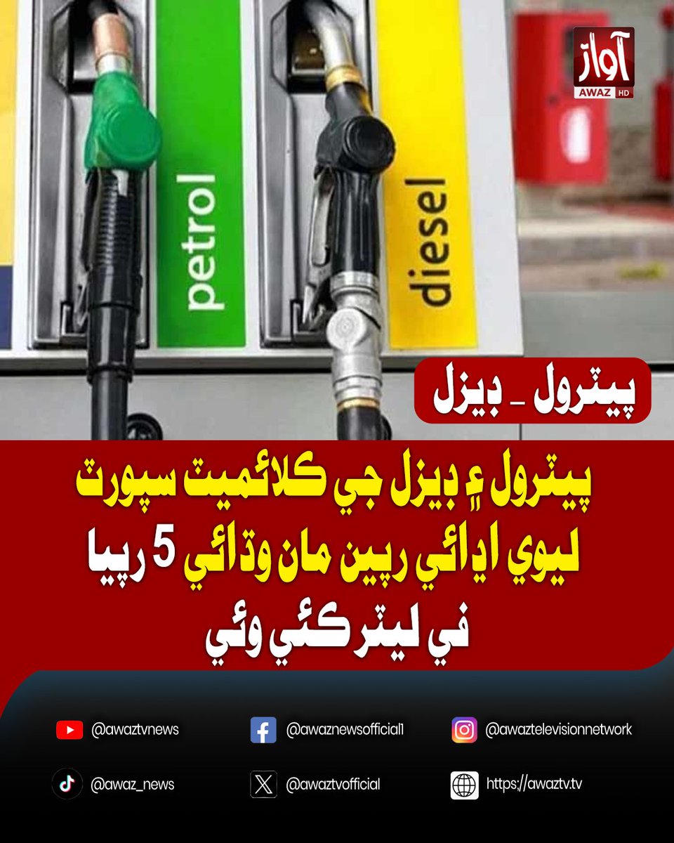 awaztvofficial's tweet photo. پيٽرول ۽ ڊيزل جي ڪلائميٽ سپورٽ ليوي اڍائي رپين مان وڌائي 5 رپيا في ليٽر ڪئي وئي
#ClimateSupportLevy #PetrolPrice #DieselPrice #FuelPrices #PakistanBudget #PetroleumLevy #EconomicUpdate #Inflation #PakistanNews #AajNews #ARYNews #GeoNews #SamaaTV #DunyaNews #ExpressNews #92News #PublicNews #AwazTV