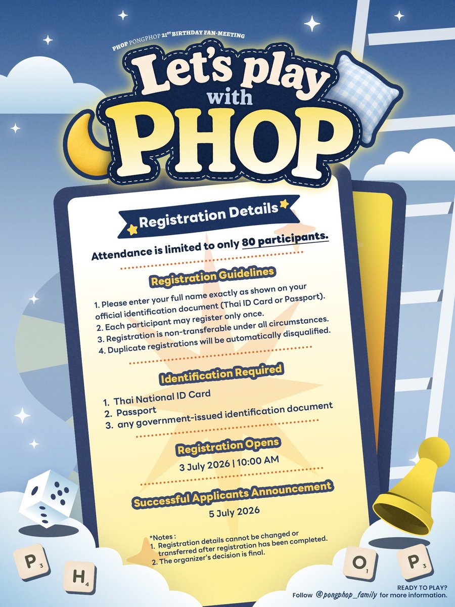 PongphopFamily's tweet photo. 💛 Let’s play with PHOP 💙

เปิดลงทะเบียนวันที่ 3 ก.ค. 2569 เวลา 10:00 น.
80 ที่นั่งเท่านั้น อย่าลืมตั้งปลุกนะ! ⏰

#LetsPlayWithPHOP #PHOP21stBirthdayFanMeeting #ppophs https://t.co/wiceMBs8cQ
