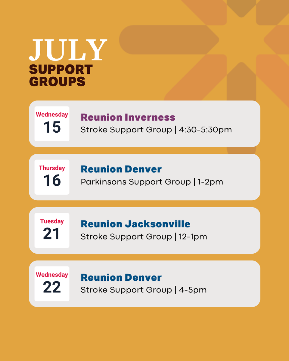 ReunionRehab's tweet photo. Recovery is stronger when we support one another.
Join us this July for our support groups for patients, caregivers, families, and community members. 

Check out our calendar for upcoming dates and locations. https://t.co/PgG7PhZ9T0