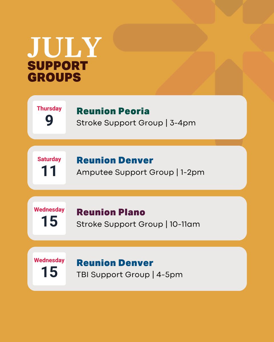 ReunionRehab's tweet photo. Recovery is stronger when we support one another.
Join us this July for our support groups for patients, caregivers, families, and community members. 

Check out our calendar for upcoming dates and locations. https://t.co/PgG7PhZ9T0