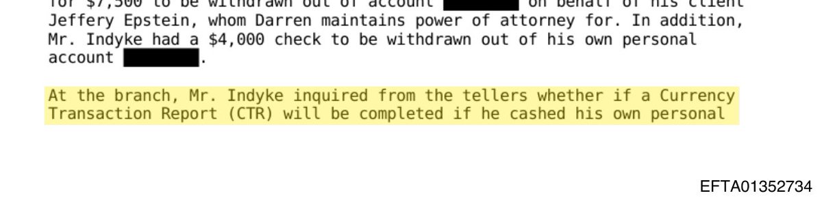 epsteinsearchin's tweet photo. Jeffrey Epstein's lawyer walked into Deutsche Bank's 345 Park branch in April 2017 to cash $11,500. First he asked the tellers: would this trigger a Currency Transaction Report? Deutsche Bank filed a suspicious activity report. Violation type, money laundering. https://t.co/KbCr3k0lPe